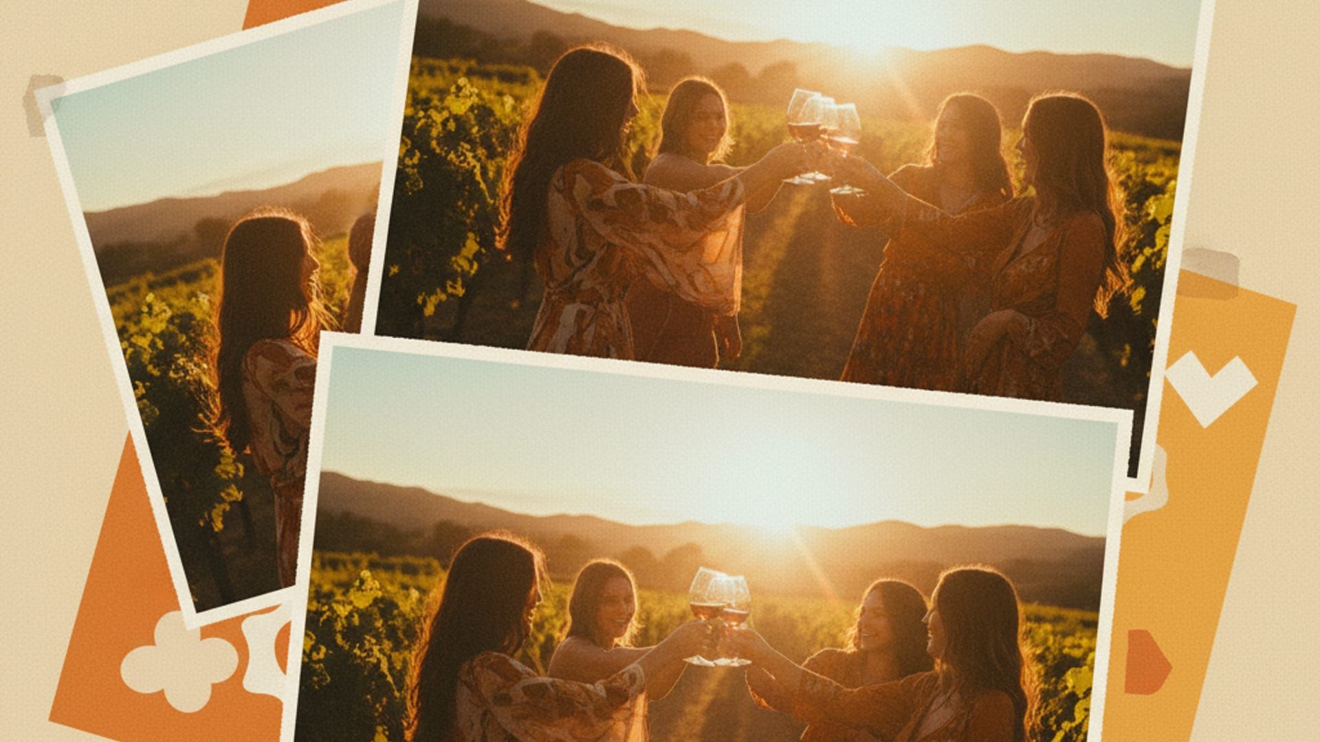 Friends toasting wine glasses at sunset in Sonoma vineyard