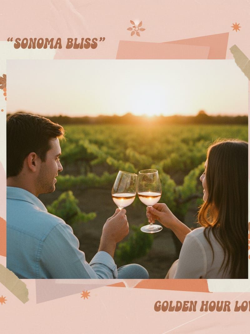 Couple enjoying wine tasting at sunset in Sonoma vineyard