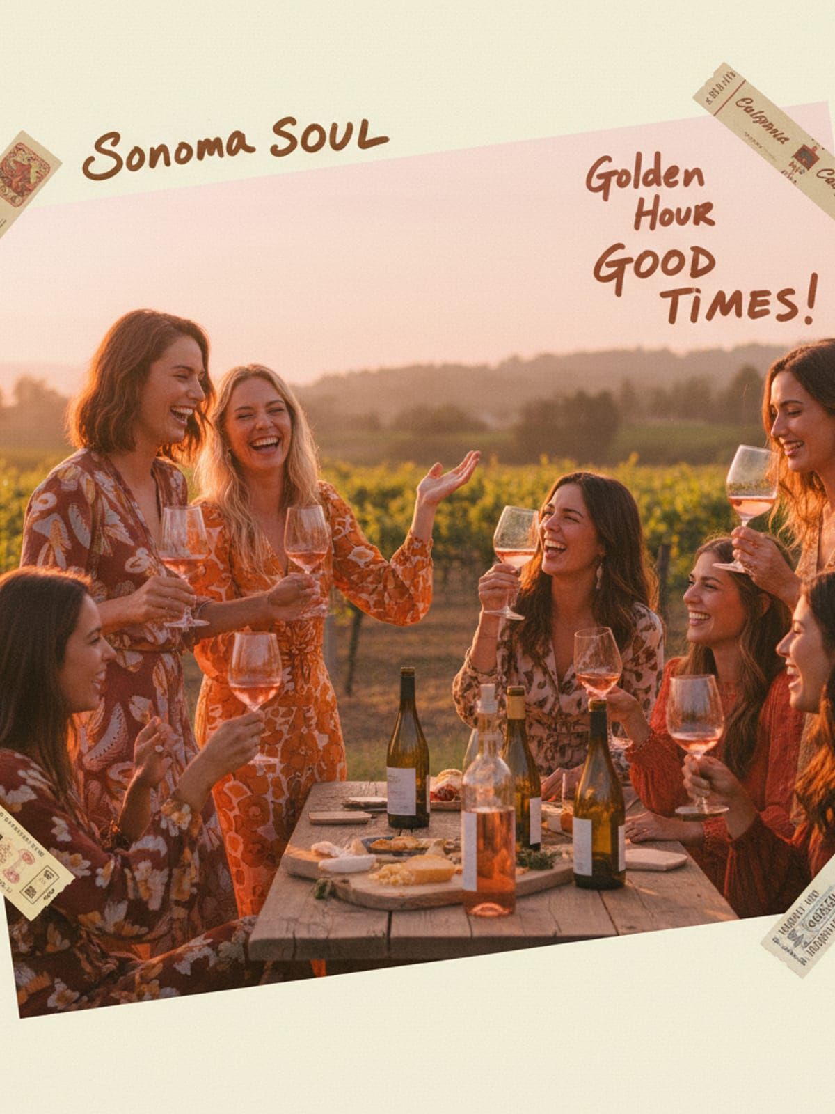 Group of friends laughing with wine glasses at golden hour in Sonoma